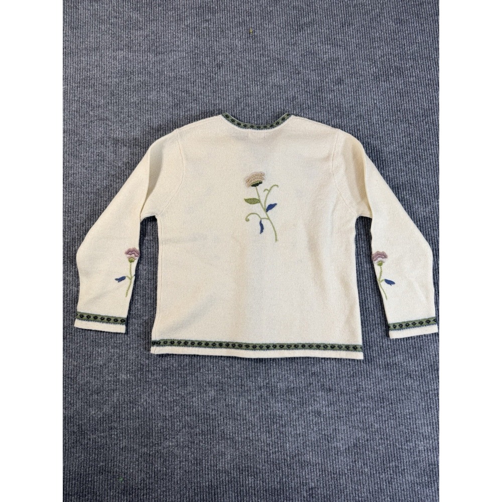 Coldwater Creek Ivory Floral Embroidered Knit Cardigan Sweater 100% Wool L Women - Picture 6 of 11